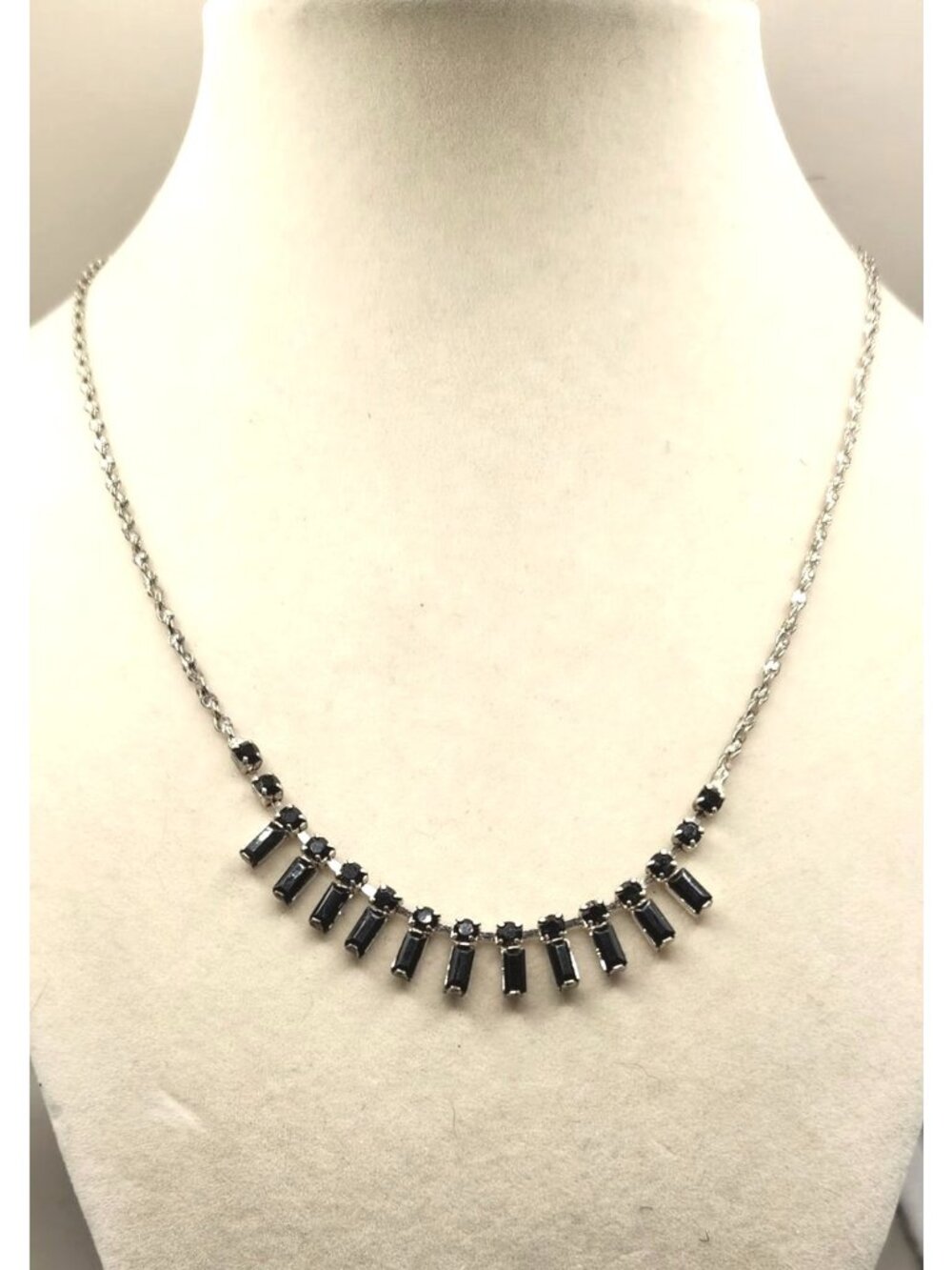 Vintage Silver-Tone Necklace With Black Rhinestone Accents & Rectangular Drop Pe
